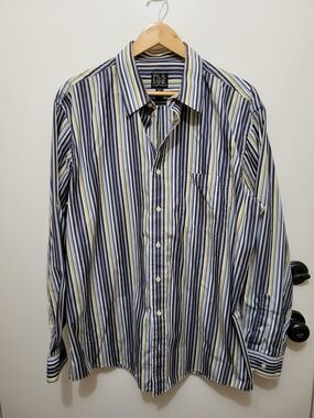 Jos. A. Bank Vertical Stripe Dress Shirt - Navy, White & Green - Size XL